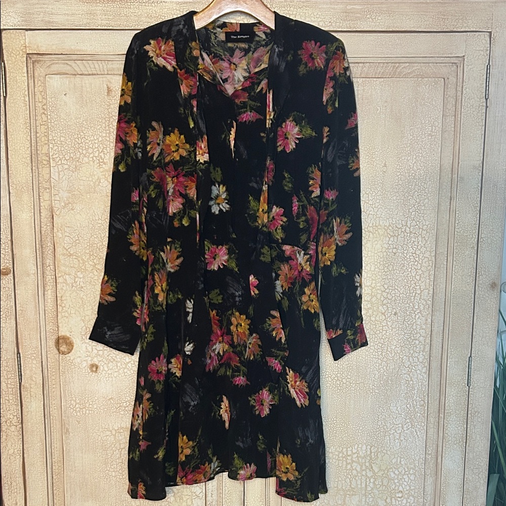 The Kooples Black Floral Silk Tie Neck Mini Dress Size M